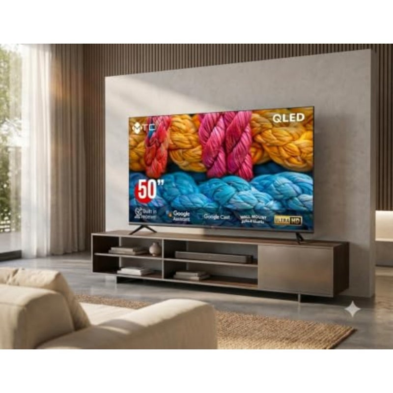 Living room QLED Smart TV 50 inch 4K UHD in black with vibrant color accuracy, wide viewing angle, and seamless Google TV integration for voice control and casting - Image 4