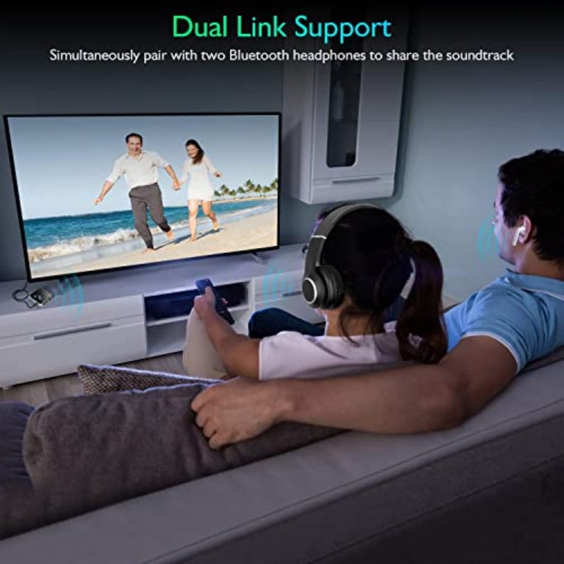 Bluetooth 5.2 transmitter receiver for TV to wireless headphones/speakers, APTX Adaptive/HD/low latency, 3.5mm AUX audio adapter for PC/car/gym/home stereo, 15hrs playtime, dual link, black plastic, compact design - Image 4