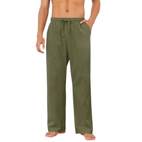 Puimentiua Cotton Linen Pants Men Casual Loose Fit Elastic Drawstring Waist Summer Beach Pants(Army Green,L) - Image 3