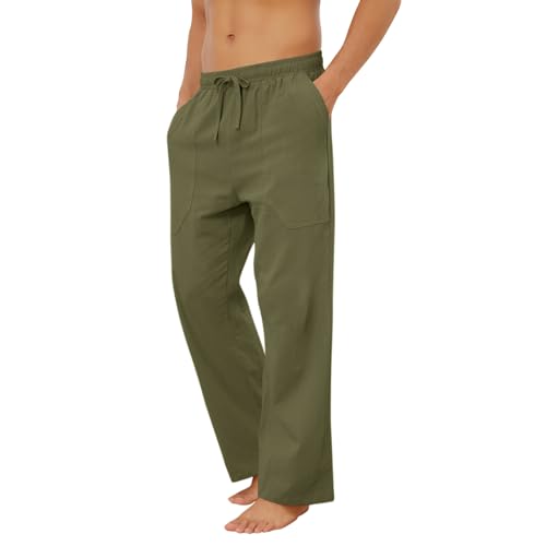 Puimentiua Cotton Linen Pants Men Casual Loose Fit Elastic Drawstring Waist Summer Beach Pants(Army Green,L) - Image 5