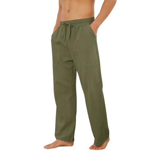 Puimentiua Cotton Linen Pants Men Casual Loose Fit Elastic Drawstring Waist Summer Beach Pants(Army Green,L) - Image 4