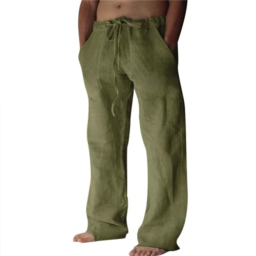Puimentiua Cotton Linen Pants Men Casual Loose Fit Elastic Drawstring Waist Summer Beach Pants(Army Green,L) - Image 1