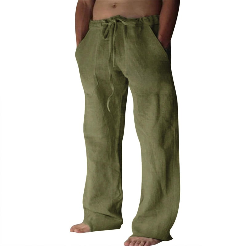 Puimentiua Cotton Linen Pants Men Casual Loose Fit Elastic Drawstring Waist Summer Beach Pants(Army Green,L) - Image 2