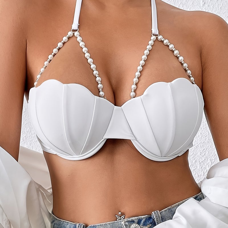 Sexy Petal Bikini Top - Elegant Design with Pearl Chain Decoration - Image 1