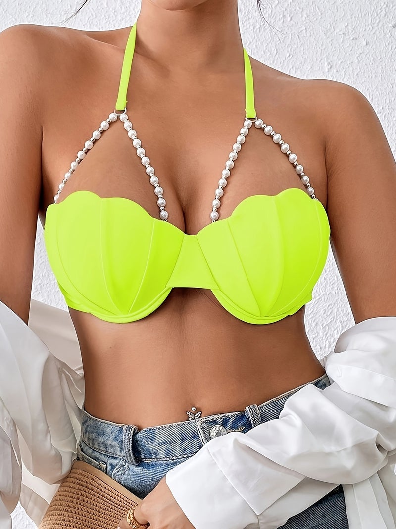 Sexy Petal Bikini Top - Elegant Design with Pearl Chain Decoration - Image 4