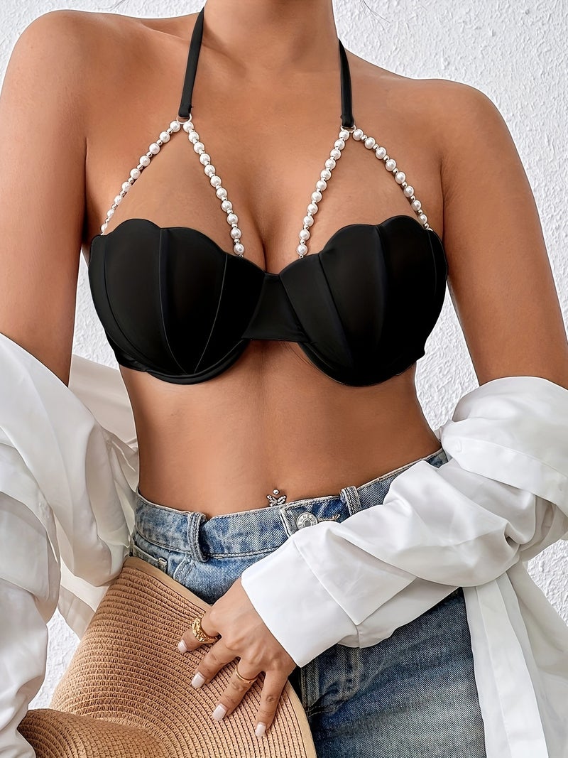 Sexy Petal Bikini Top - Elegant Design with Pearl Chain Decoration - Image 3