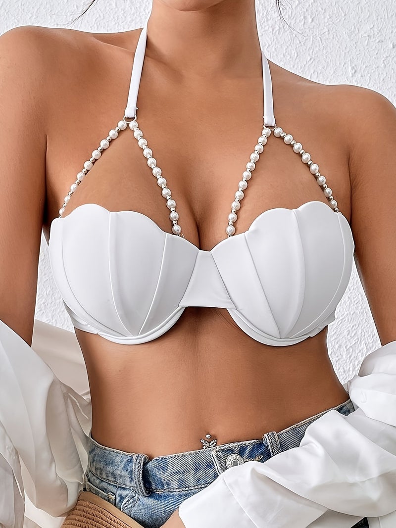 Sexy Petal Bikini Top - Elegant Design with Pearl Chain Decoration - Image 2