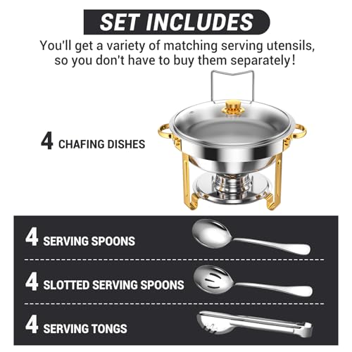 Keyoxy Round Chafing Dishes for Buffet 5 Qt,High Grade Chafing Dish Buffet Set with Glass Lid & Lid Holder,Full Size Pan,Food Warmers for Parties,Buffet,Wedding, Birthday 4 Pack (Half Gold) - Image 2