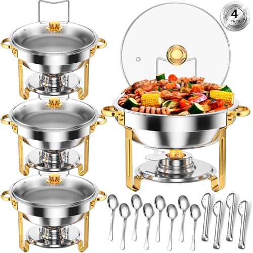 Keyoxy Round Chafing Dishes for Buffet 5 Qt,High Grade Chafing Dish Buffet Set with Glass Lid & Lid Holder,Full Size Pan,Food Warmers for Parties,Buffet,Wedding, Birthday 4 Pack (Half Gold) - Image 1