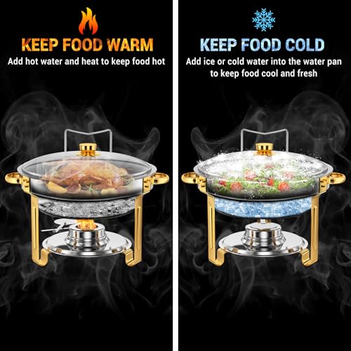 Keyoxy Round Chafing Dishes for Buffet 5 Qt,High Grade Chafing Dish Buffet Set with Glass Lid & Lid Holder,Full Size Pan,Food Warmers for Parties,Buffet,Wedding, Birthday 4 Pack (Half Gold) - Image 3