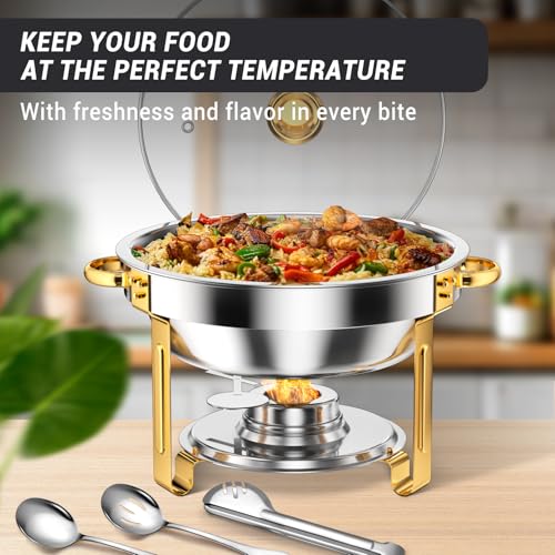 Keyoxy Round Chafing Dishes for Buffet 5 Qt,High Grade Chafing Dish Buffet Set with Glass Lid & Lid Holder,Full Size Pan,Food Warmers for Parties,Buffet,Wedding, Birthday 4 Pack (Half Gold) - Image 5