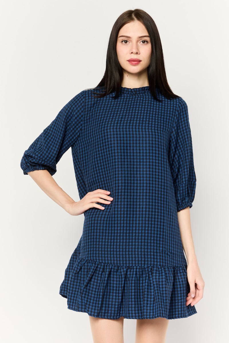 Donna Morgan Women Checkered Mini Dress, Navy Blue - Image 1