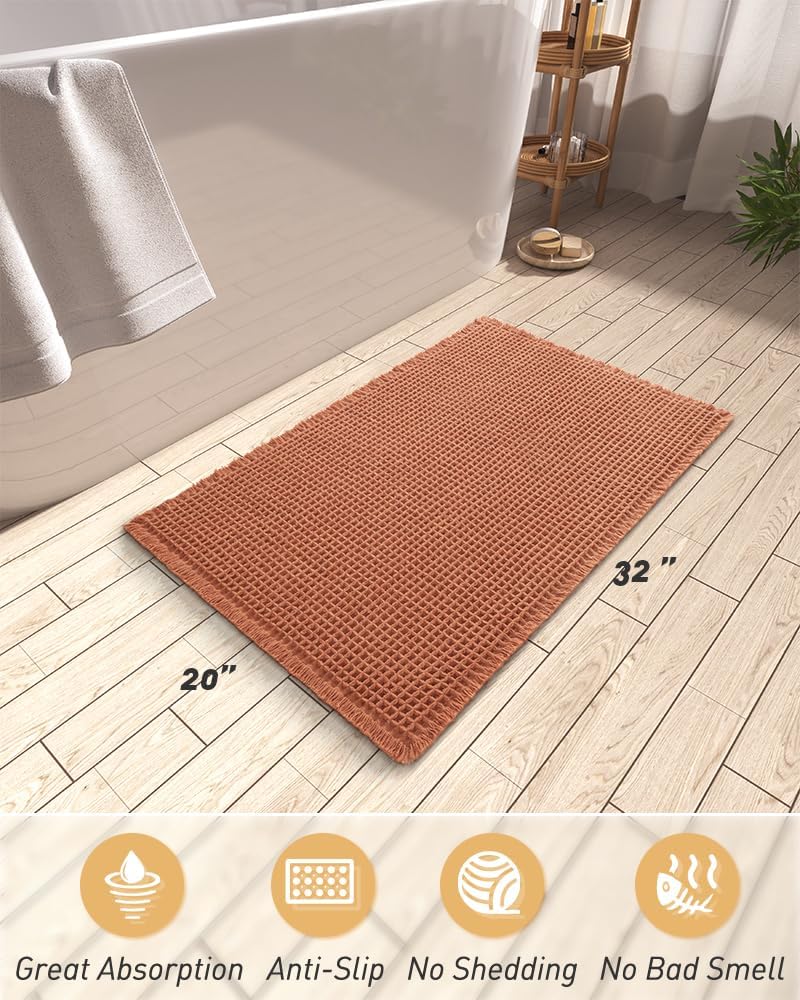 AMOAMI Upgraded Waffle Bath Mat, Super Absorbent Non Slip Bath Mats for Bathroom Floor, Machine Washable Bathroom Rugs with Tassels, Rubber Backed Bathroom Mats, Ultra Soft, 20" x 32", Dirty Orange - Image 2
