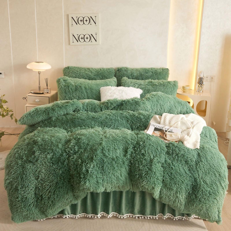 HAIHUA Faux Fur Sage Green Comforter Cover Queen Set, Soft Fluffy Shaggy Sage Green Bedding Queen Set 3 Pieces (1 Fuzzy Duvet Cover + 2 Plush Pillow Cases) Furry Bed Set, Zipper Closure - Image 1