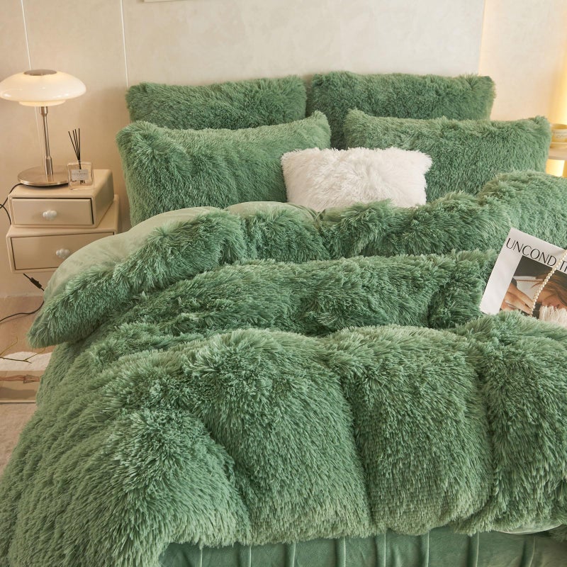 HAIHUA Faux Fur Sage Green Comforter Cover Queen Set, Soft Fluffy Shaggy Sage Green Bedding Queen Set 3 Pieces (1 Fuzzy Duvet Cover + 2 Plush Pillow Cases) Furry Bed Set, Zipper Closure - Image 5