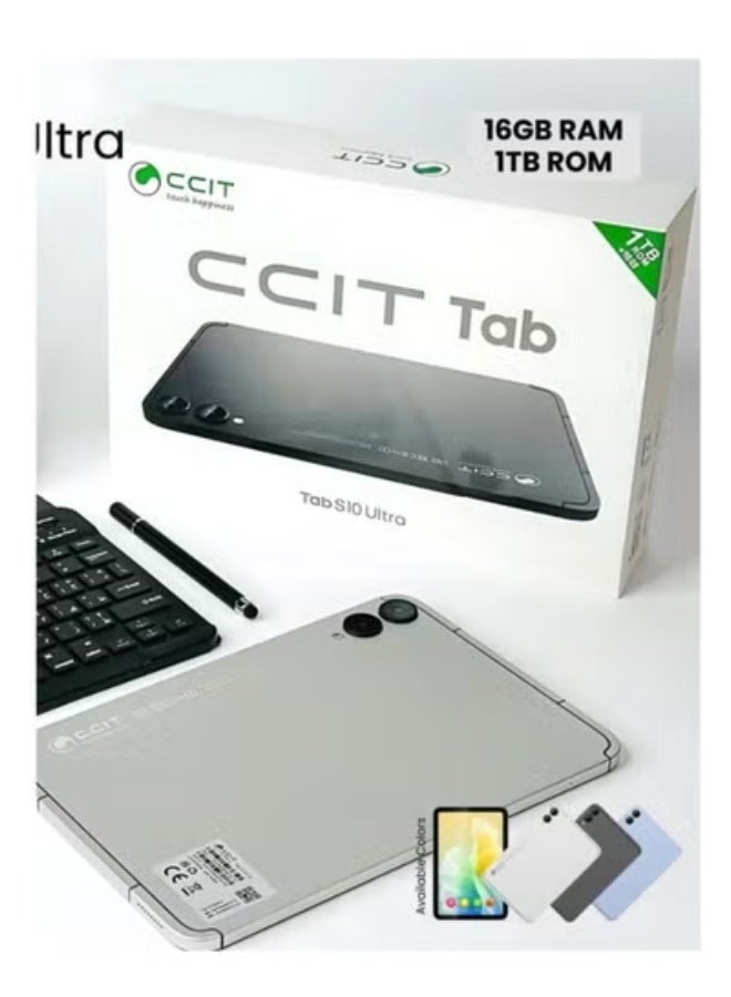 CCIT Tab S10 Ultra 10.1" Android Tablet | 16GB RAM + 1TB ROM | 4G Dual SIM | Full HD Display | 10000mAh Battery | Stylus, Keyboard & Mouse Included – Silver | Ultimate Power for Work, Study & Entertainment - Image 1