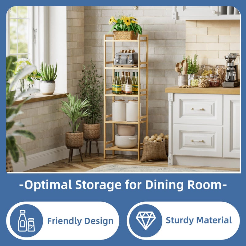 HITNET Tall Narrow Bookshelf, 5 Tier Bathroom Shelf Bamboo, Floor Standing Display Storage Organizer for Small Space, Adjustable Shelves, Natural Wood Bookcase - Image 4