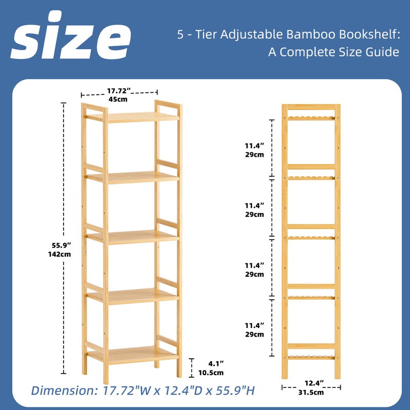HITNET Tall Narrow Bookshelf, 5 Tier Bathroom Shelf Bamboo, Floor Standing Display Storage Organizer for Small Space, Adjustable Shelves, Natural Wood Bookcase - Image 3