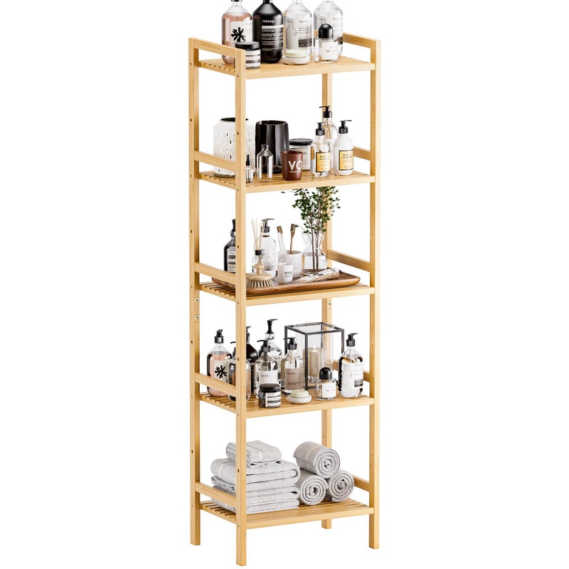 HITNET Tall Narrow Bookshelf, 5 Tier Bathroom Shelf Bamboo, Floor Standing Display Storage Organizer for Small Space, Adjustable Shelves, Natural Wood Bookcase - Image 1