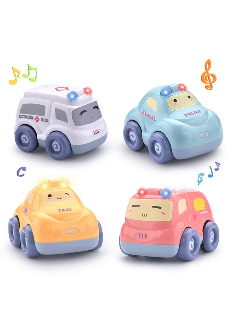 YelaJoy Cartoon Cars with Lights and Sounds for Toddler Boys and Girls, Set of 4 Puzzle Vehicles for Kids, Includes Police Cars, Fire Trucks, Cabooses and Ambulances - Image 1