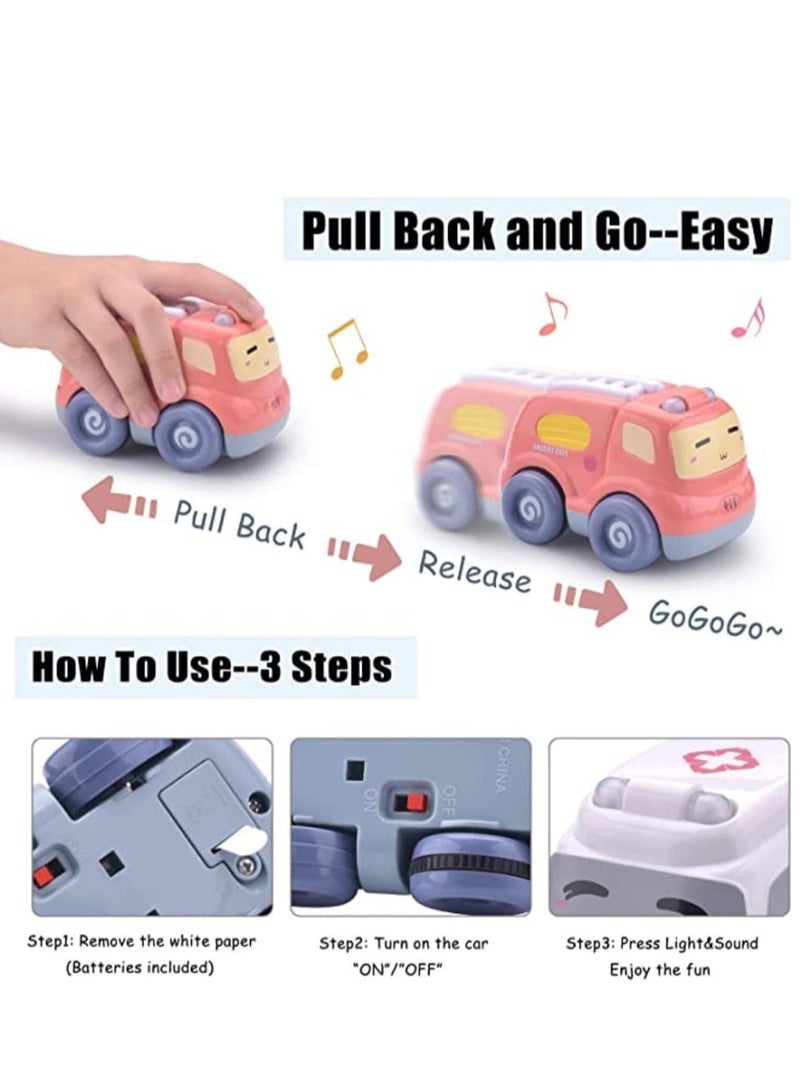 YelaJoy Cartoon Cars with Lights and Sounds for Toddler Boys and Girls, Set of 4 Puzzle Vehicles for Kids, Includes Police Cars, Fire Trucks, Cabooses and Ambulances - Image 2