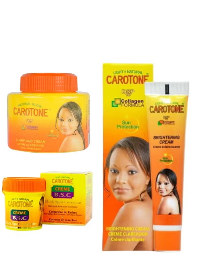 Carotone 3-Piece Set – Brightening Cream 135ml Cream DSP10 With Collagen Formula Sun Protection 30 ml and Black Spot Corrector Creme 30ml
