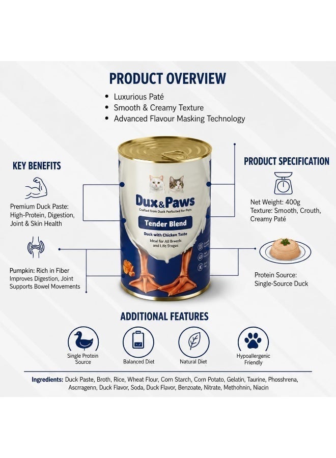Dux&Paws Wet Cat Food Dux & Paws Tender Blend Duck with Chicken Taste, Premium Wet Food for Adult Cats, High Protein, Grain Free, Complete & Balanced Nutrition, Hydration Support, 400g - Image 2