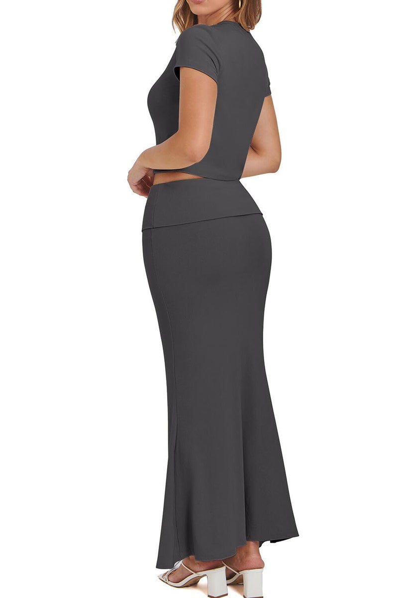 CHYRII Womens Two Piece Sets Short Sleeve Crewneck Cropped Top Bodycon Fold Over Maxi Skirt Maxi Dress Outfits Dark Grey S - Image 5