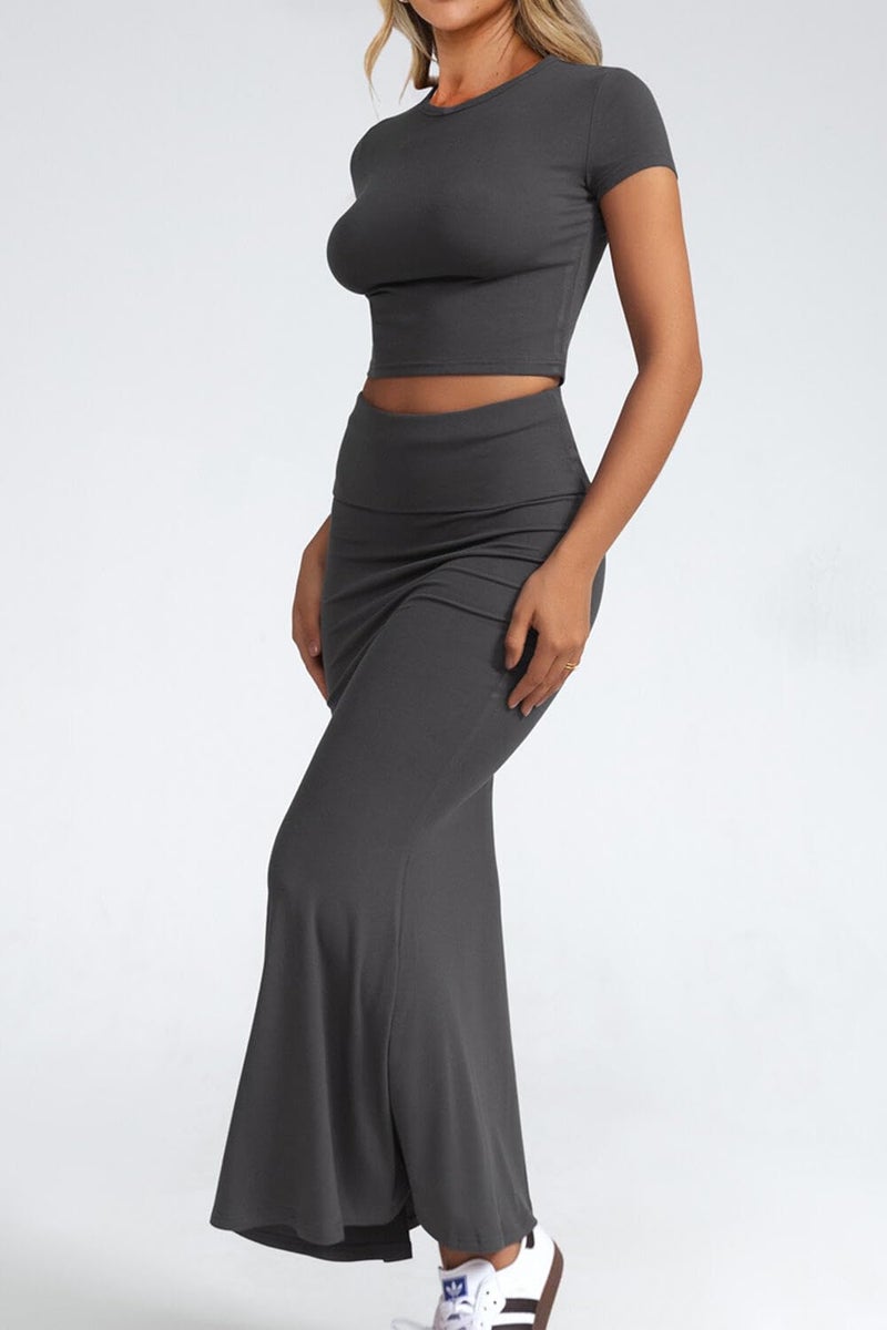CHYRII Womens Two Piece Sets Short Sleeve Crewneck Cropped Top Bodycon Fold Over Maxi Skirt Maxi Dress Outfits Dark Grey S - Image 4
