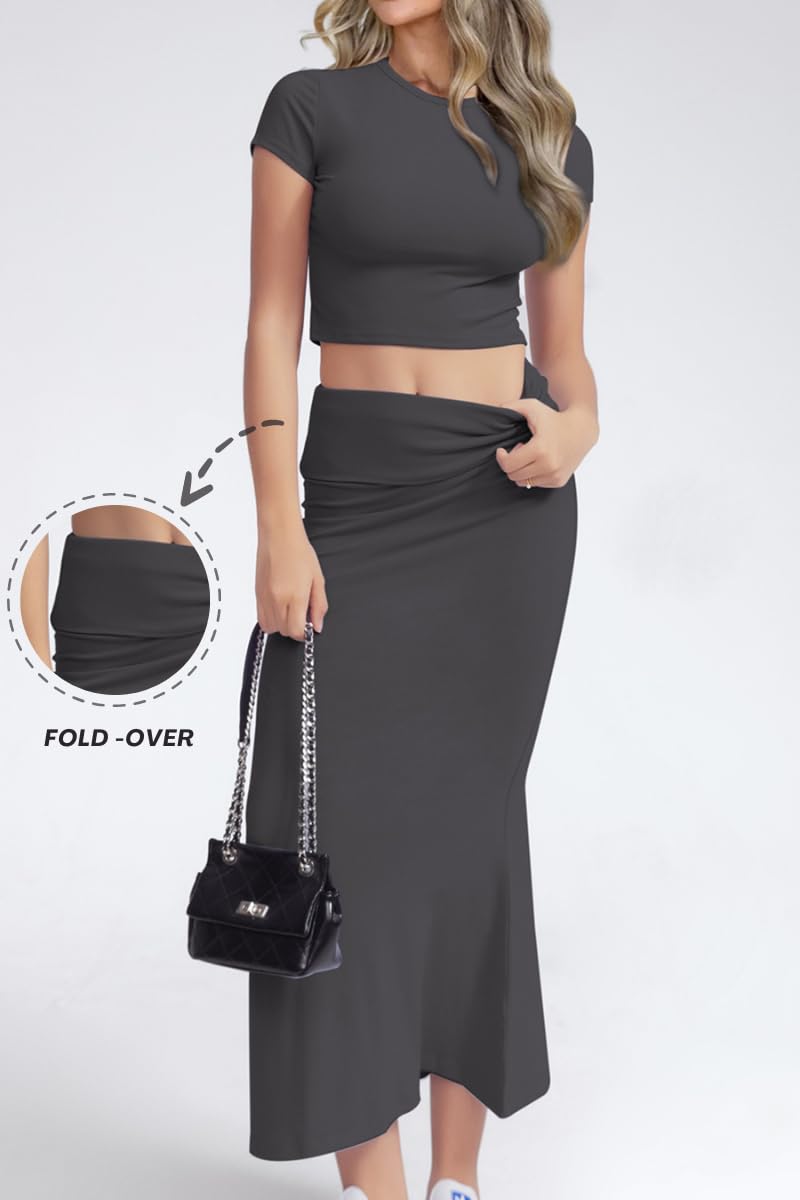 CHYRII Womens Two Piece Sets Short Sleeve Crewneck Cropped Top Bodycon Fold Over Maxi Skirt Maxi Dress Outfits Dark Grey S - Image 2