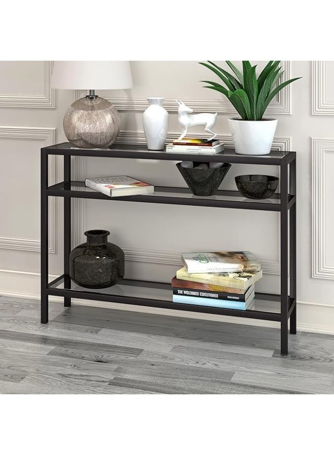 Hometaste Metal Frame Console Table With Top Mirror - Modern Accent Table With Multi-Tier Shelf Storage For Living Room - Coffee Table Side Table And Sofa Side Table Black Style2