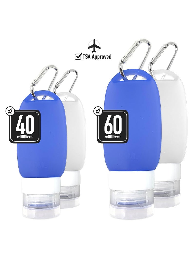 Silicone Travel Bottle Set TSA Approved Leak Proof Squeeze Bottles for Shampoo, Lotion & Liquid Toiletries (2 oz & 1.4 oz Containers) with Carabiner Clips