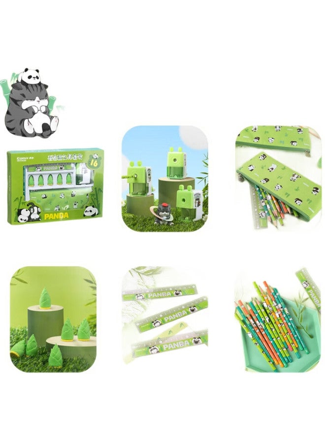 Comix Cat Bear Student Stationery Set, Birthday Gift Large Package, Children'S Day Graduation Gift (Pencil Sharpener + Pencils + Pencil Case + Straight Ruler + Eraser) Wht0035 Green - Image 1
