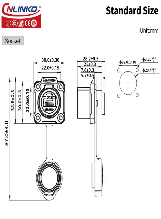 CNLINKO LP-20 RJ45 Panel Mount Socket, CAT6 Ethernet Connector RJ45 4-Hole Socket IP68 M20 Waterproof Connector (Black RJ45 4-Hole Socket) - Image 3