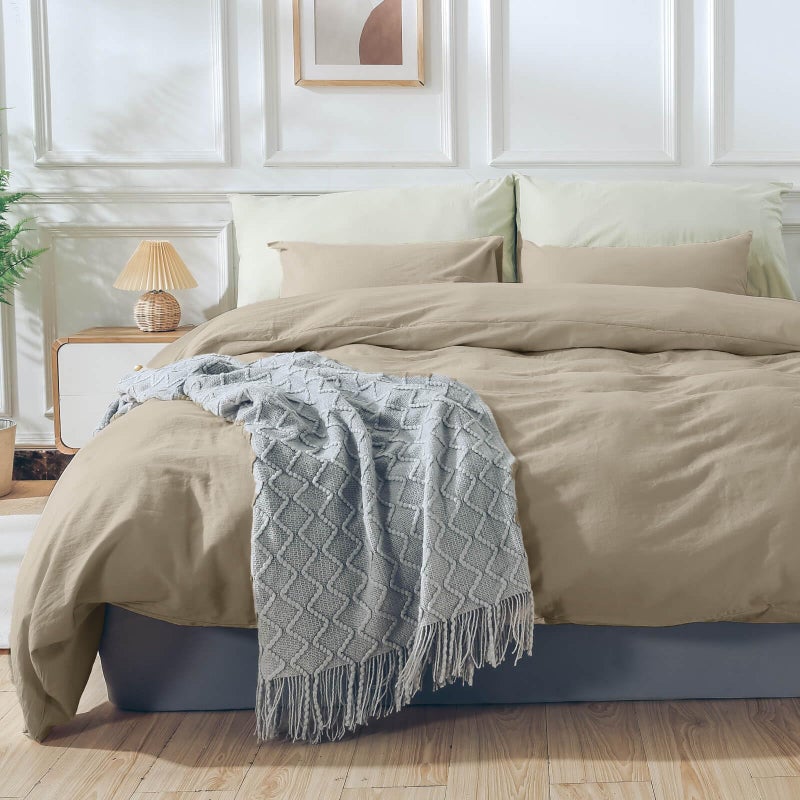 NEXHOME PRO مجموعة غلاف لحاف Nexhome Pro Cover 100 ٪ من القطن المغسول الكبير 120 "x98" "Linen Linen Feel Officed Organic Natural 3 قطع مجموعة من الفراش مع إغلاق السوستة وروابط الزاوية الناعمة (بدون المعزي) - Image 2