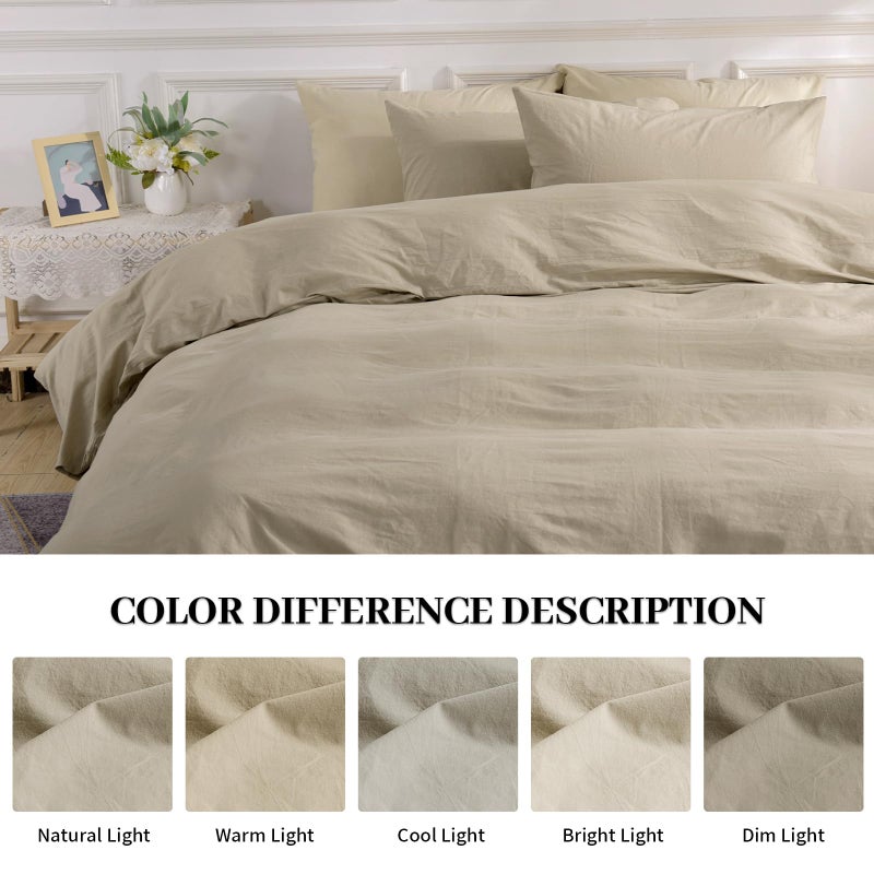 NEXHOME PRO مجموعة غلاف لحاف Nexhome Pro Cover 100 ٪ من القطن المغسول الكبير 120 "x98" "Linen Linen Feel Officed Organic Natural 3 قطع مجموعة من الفراش مع إغلاق السوستة وروابط الزاوية الناعمة (بدون المعزي) - Image 3