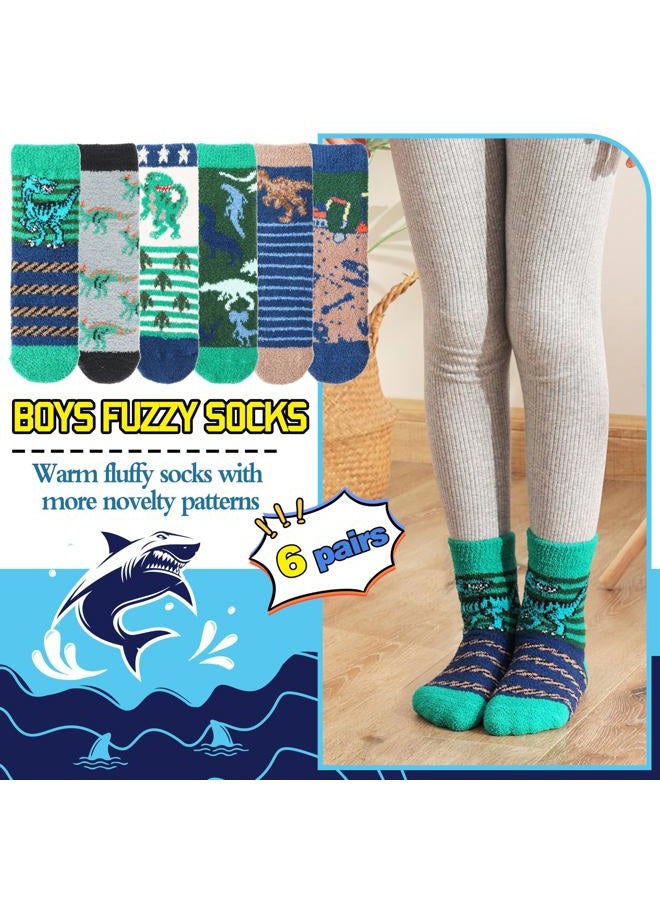 Welwoos Kids Boys Toddlers Fuzzy Slipper Socks with Grips Non Slip Warm Fluffy Winter Thick Fun Cozy Crew Hospital Gripper Socks 6 Pairs Christmas Gifts Stocking Stuffers (Dinosaur,4-7 Years) - Image 3