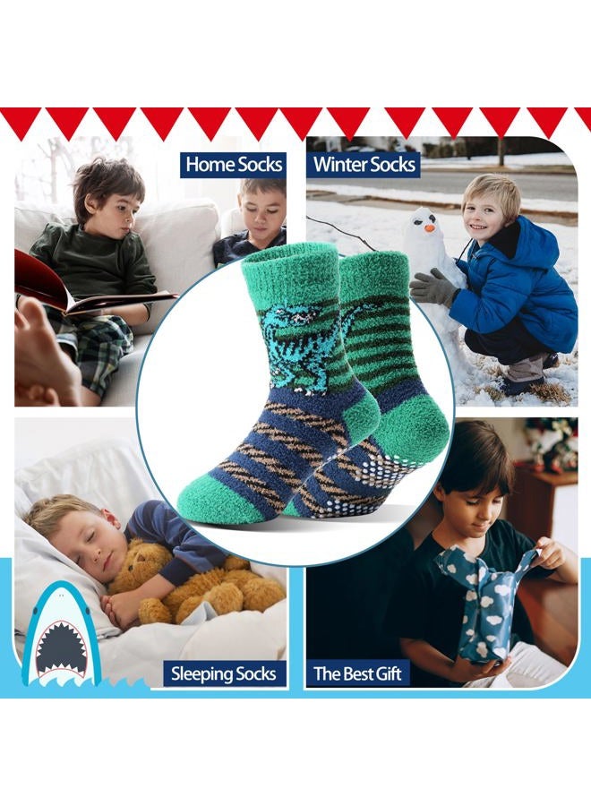 Welwoos Kids Boys Toddlers Fuzzy Slipper Socks with Grips Non Slip Warm Fluffy Winter Thick Fun Cozy Crew Hospital Gripper Socks 6 Pairs Christmas Gifts Stocking Stuffers (Dinosaur,4-7 Years) - Image 2