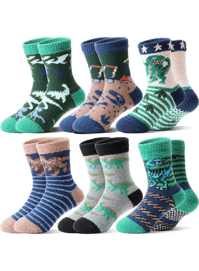 Welwoos Kids Boys Toddlers Fuzzy Slipper Socks with Grips Non Slip Warm Fluffy Winter Thick Fun Cozy Crew Hospital Gripper Socks 6 Pairs Christmas Gifts Stocking Stuffers (Dinosaur,4-7 Years) - Image 1