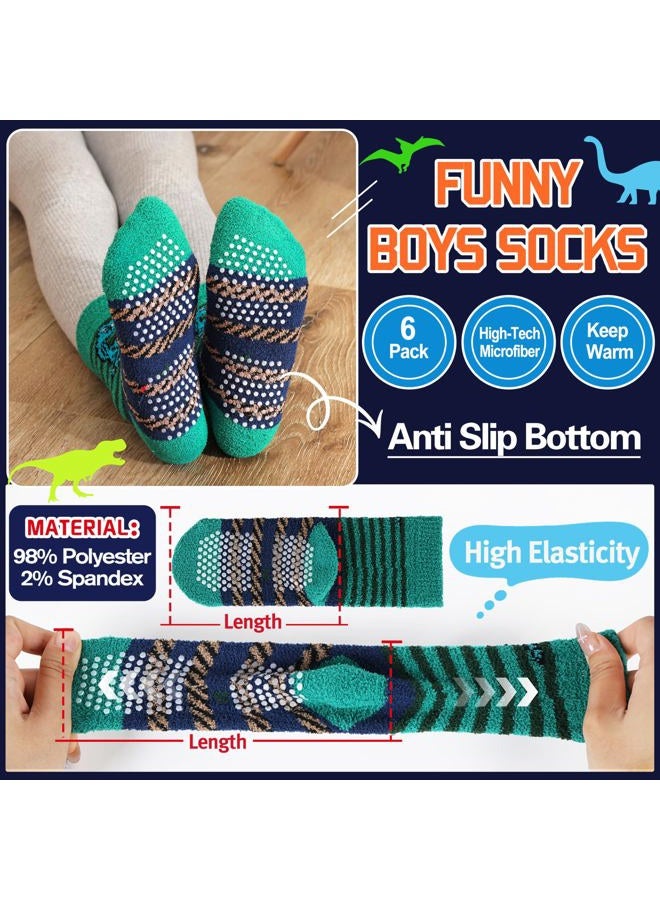 Welwoos Kids Boys Toddlers Fuzzy Slipper Socks with Grips Non Slip Warm Fluffy Winter Thick Fun Cozy Crew Hospital Gripper Socks 6 Pairs Christmas Gifts Stocking Stuffers (Dinosaur,4-7 Years) - Image 4