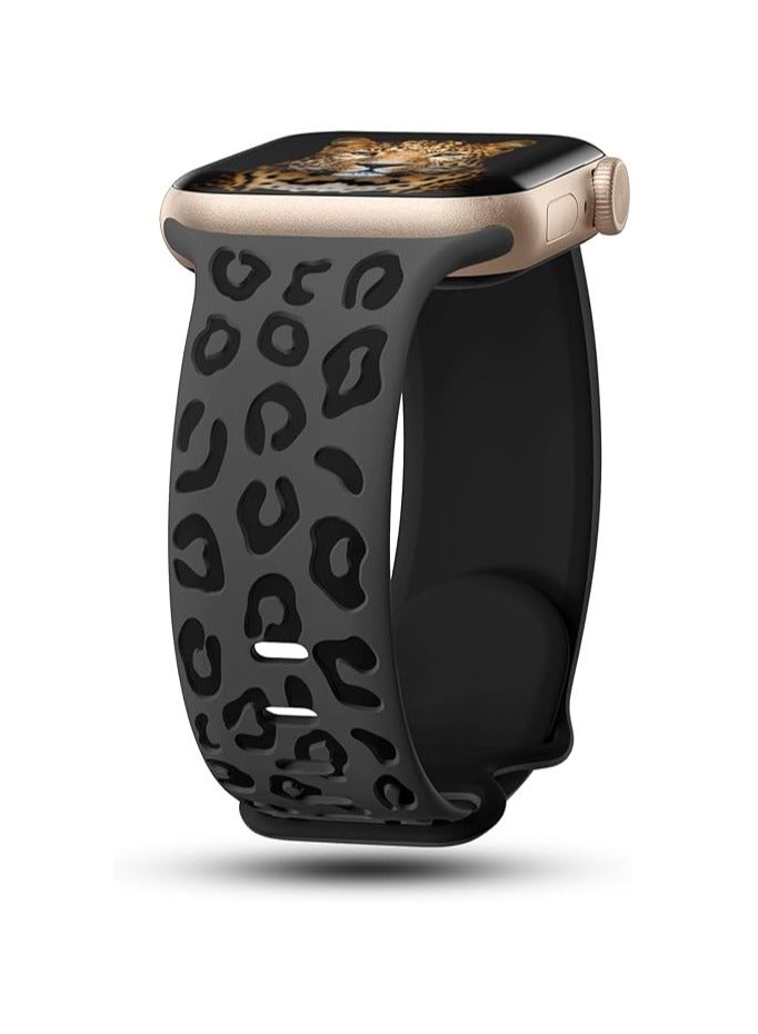 Engraved Leopard Bands Compatible with Apple Watch Band 42mm 40mm 41mm 38mm Women, Silicone Cheetah Designer Strap for iWatch Series 10 9 8 7 6 5 4 3 2 SE Ultra, Anthracite Black - Image 1