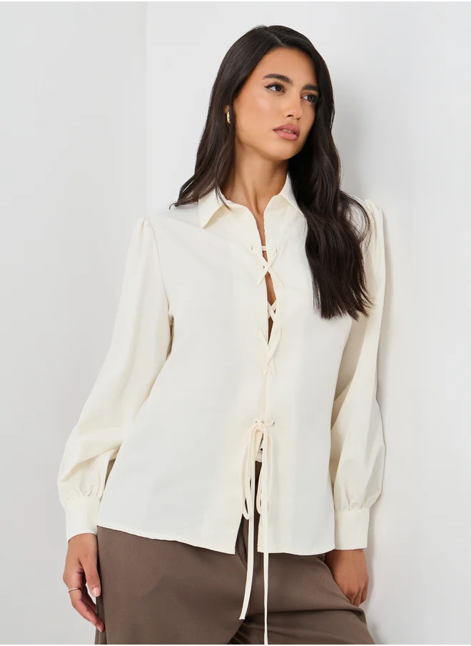 Styli Styli Solid Balloon Sleeve Front Tie-Up Detail Shirt
