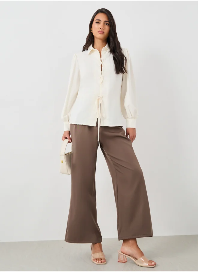 Styli Styli Solid Balloon Sleeve Front Tie-Up Detail Shirt