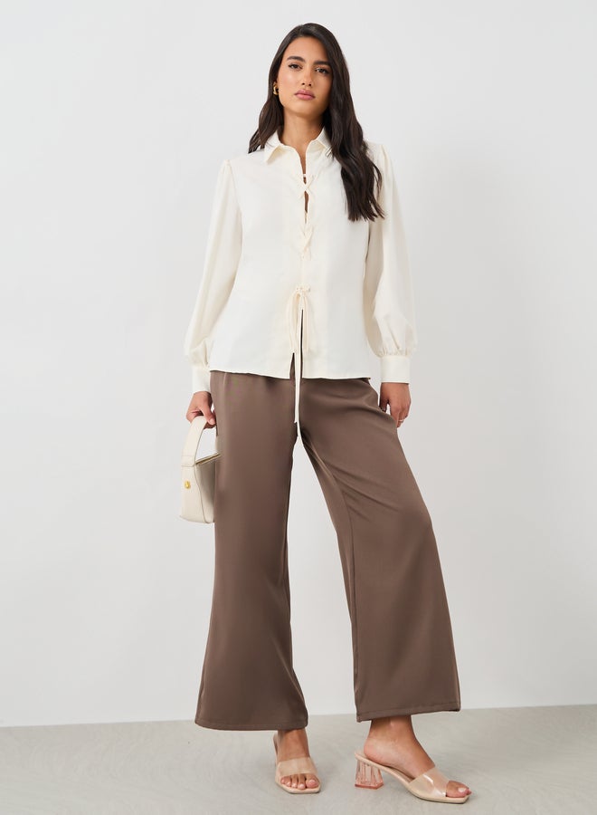 Styli Styli Solid Balloon Sleeve Front Tie-Up Detail Shirt  - Image 2
