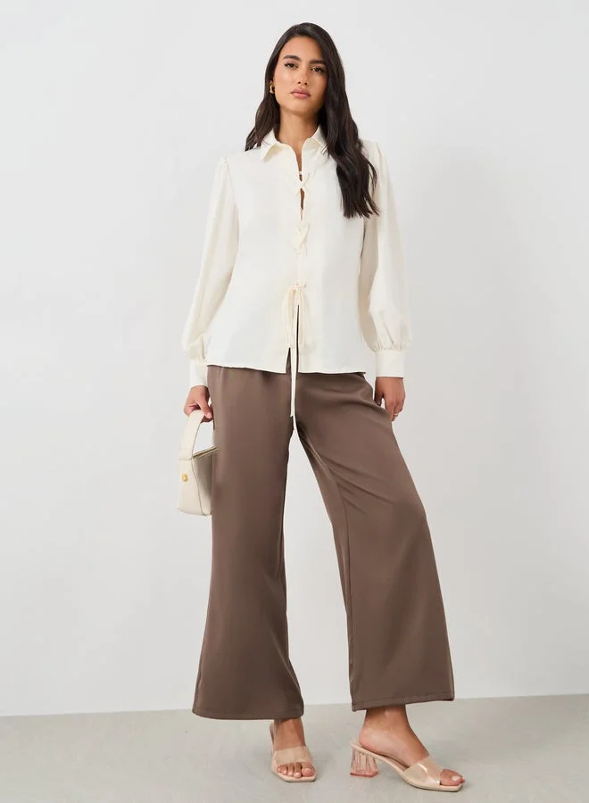 Styli Solid Balloon Sleeve Front Tie-Up Detail Shirt