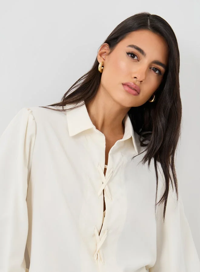 Styli Solid Balloon Sleeve Front Tie-Up Detail Shirt