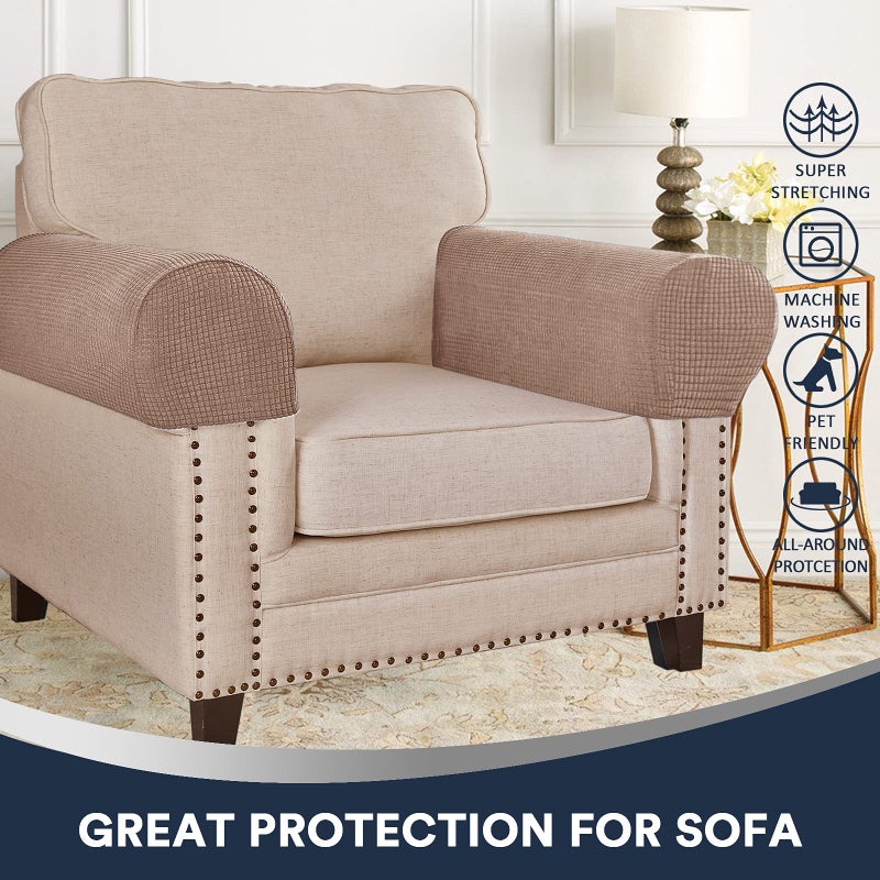 L.VICTEX Stretch Sofa Armrest Covers Spandex Jacquard Arm Covers for Chairs and Sofas Anti-Slip Couch Armrest Covers with Sticker Furniture Armrest Protector for Sofa Couch Chair Recliner  Set of 2  Khaki - Image 2