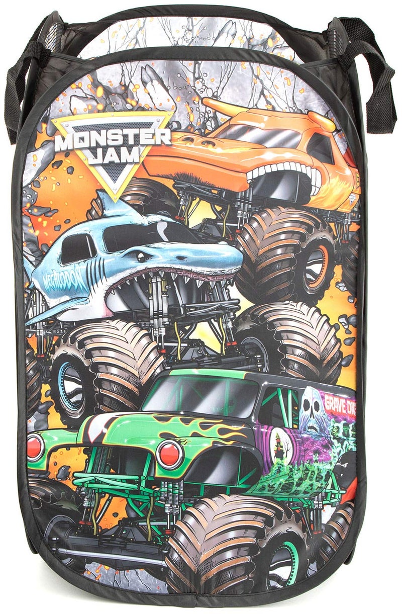 Jay Franco Monster Jam Break Out Pop Up Hamper Mesh Laundry BasketBag with Durable Handles Features Grave Digger Megalodon