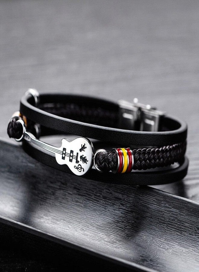 THE MEN THING GUITAR CHARM BLACK - Three Strand Genuine Leather Bracelet with Stainless Steel Magnetic Buckle for Men & Boy (8 inch) - Image 5