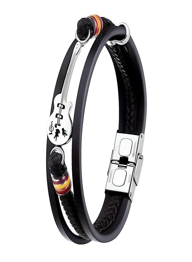 THE MEN THING GUITAR CHARM BLACK - Three Strand Genuine Leather Bracelet with Stainless Steel Magnetic Buckle for Men & Boy (8 inch) - Image 1